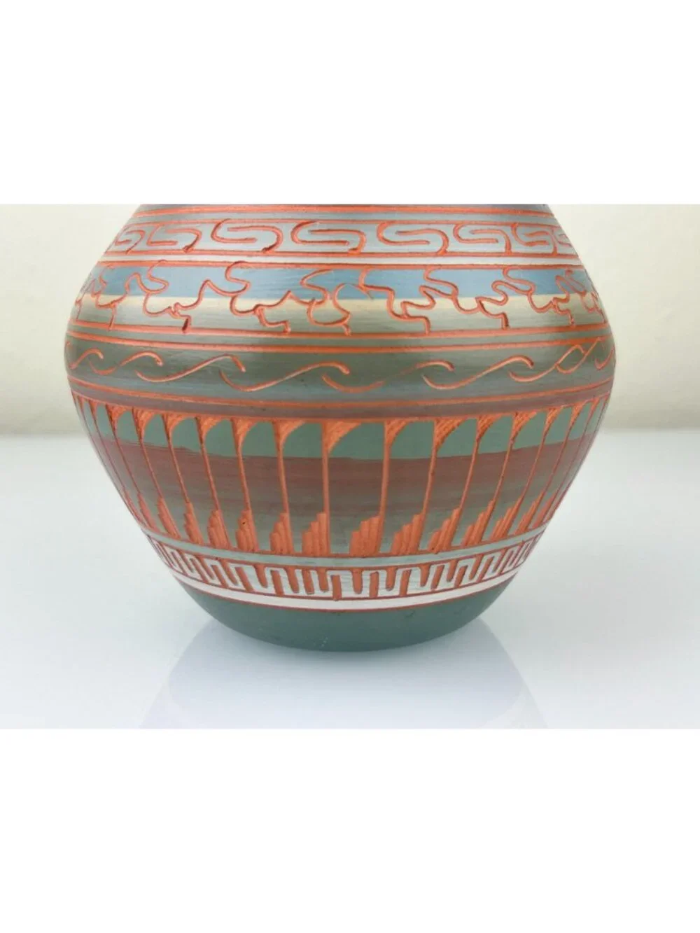 Navajo Pottery Vase Terracotta Red Clay Etched Blue Orange Teal 6